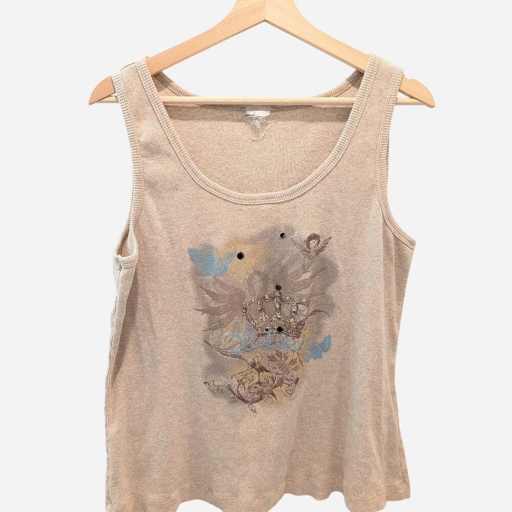 Y2K Rhinestone Crown Cherub Ribbed Tank Top Beloved Fairy M/L Spring Angelcore